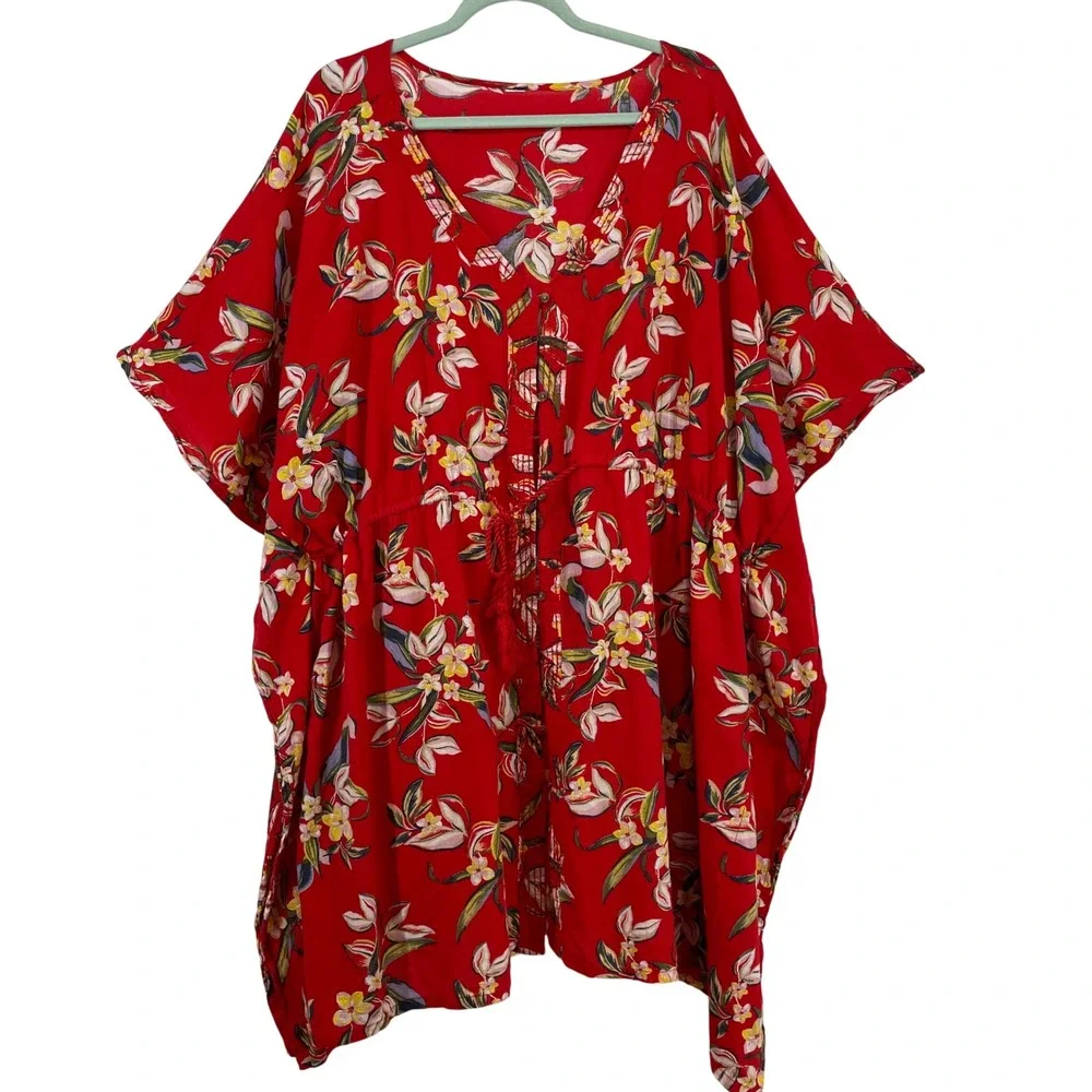 Womens One Size 2X - 3X Red Tropical Floral Kaftan Tunic Top Drawstring Waist OS